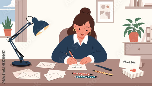 Modern flat vector illustration of a person writing thank-you cards after New Year celebrations. Ideal for gratitude messaging and lifestyle content