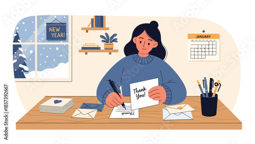 Modern flat vector illustration of a person writing thank-you cards after New Year celebrations. Ideal for gratitude messaging and lifestyle content
