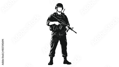 Silhouette of a soldier standing with a rifle in tactical gear
