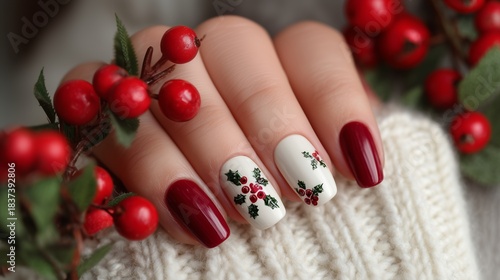 Elegant holiday nail art design featuring red and white colors with festive decorations