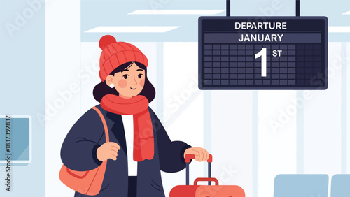 Modern flat vector illustration of a traveler with suitcase starting a new journey on New Year’s Day. Ideal for travel branding, motivation themes, and lifestyle visuals