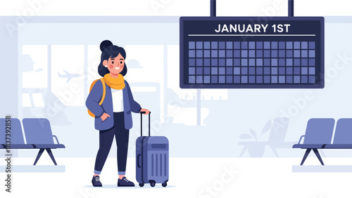 Modern flat vector illustration of a traveler with suitcase starting a new journey on New Year’s Day. Ideal for travel branding, motivation themes, and lifestyle visuals