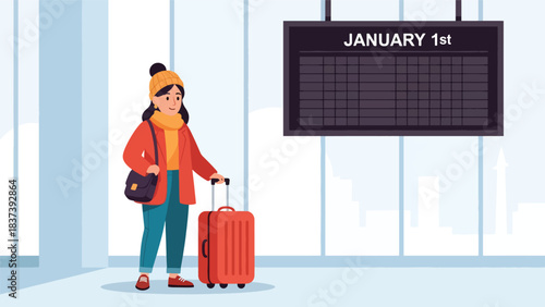 Modern flat vector illustration of a traveler with suitcase starting a new journey on New Year’s Day. Ideal for travel branding, motivation themes, and lifestyle visuals