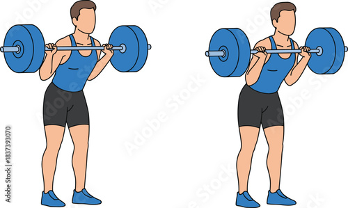 Barbell squat exercise illustration, male athlete performing weightlifting workout, proper form guide, fitness training posture, gym strength routine, health and wellness concept, vector image