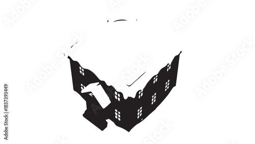Abstract silhouette of an open book with torn pages and dark shadows.