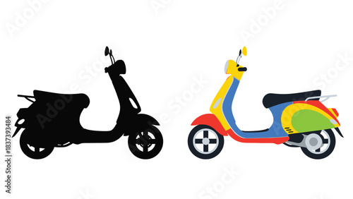 Colorful scooter illustration alongside its silhouette showcasing a vibrant design