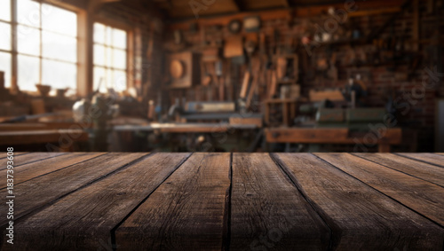 Fényképezés A cozy workshop with a large window and a wall of tools and a wooden workbench i