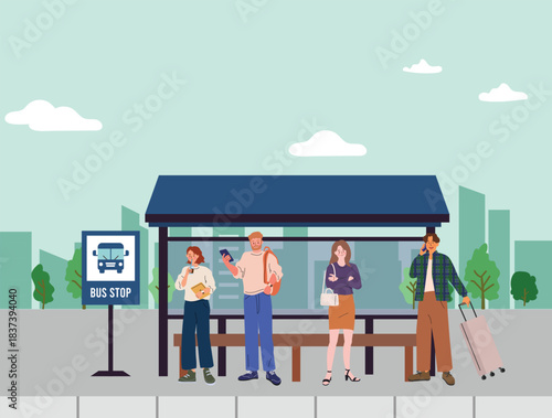 People Waiting at a City Bus Stop