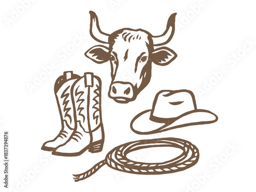 Cowboy cow boots hat lasso hand drawn sketch vector illustration