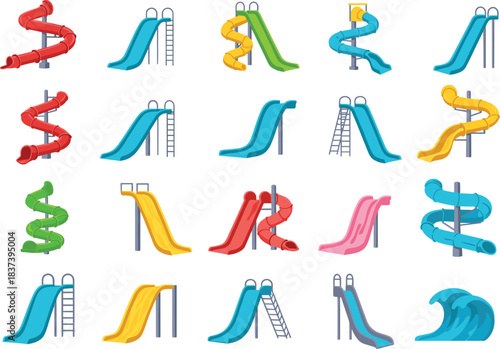 Colorful water slides collection, cartoon style playground elements, spiral and straight slides, kids park equipment set, amusement theme illustration
