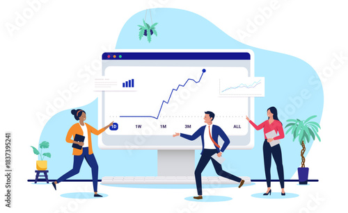 Business team characters analysing financial chart with a successful upward trend line on a large computer screen, representing data analysis, market strategy, investment growth, and performance