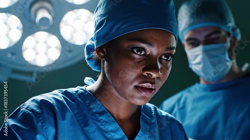 Focused female surgeon concentrating during a medical operation under bright lights