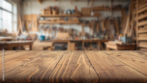 Wooden countertop in the foreground and a wall with shelves and tools in a cozy home workshop