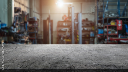 Photos A metal countertop and interior of a car repair shop with spare parts and a car