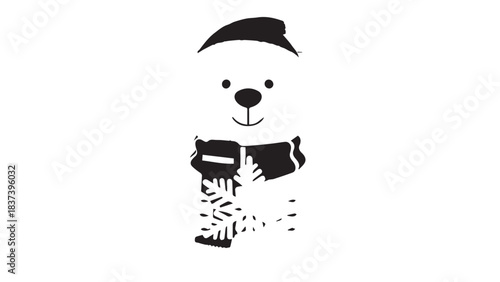 Playful panda reading a book while wearing a hat in a minimalist black and white illustration.