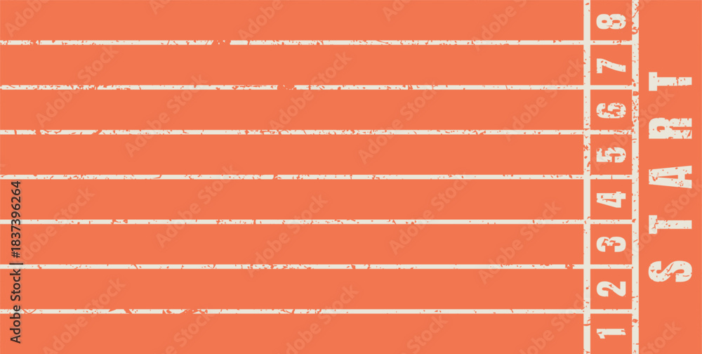 Fototapeta premium Grunge-style running track start line graphic with numbered lanes and textured marks, suitable for athletics themes, sport illustrations, race concepts, motivation designs and training visuals.
