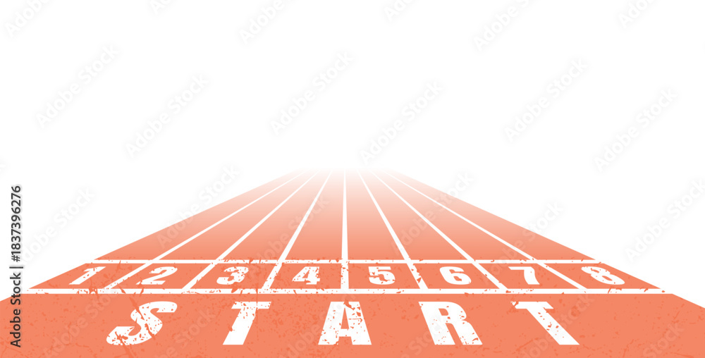 Obraz premium Perspective running track with distressed start line and numbered lanes fading into distance, suitable for athletics themes, motivation designs, race concepts and sport-related creative projects.