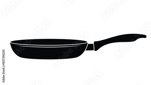 A simple black frying pan illustration with a long handle is shown