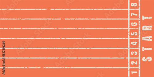 Grunge-style running track start line graphic with numbered lanes and textured marks, suitable for athletics themes, sport illustrations, race concepts, motivation designs and training visuals.