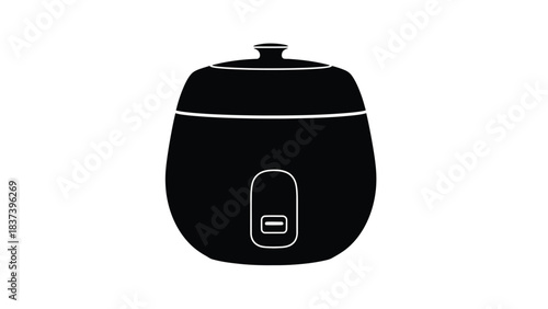 A simple black and white outline illustration of a modern rice cooker