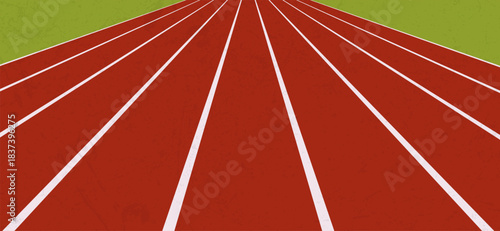 Perspective running track illustration with white lane lines and subtle surface texture bordered by green field