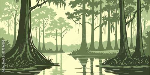 Congaree Forest – Modern Simple Swamp Reflections, Minimal Wetland Landscape Vector, Calm National Park Illustration