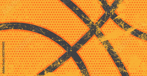 Basketball curve lines over an orange halftone background with distressed texture and worn details, suitable for sport graphics, athletic themes, poster design and creative decorative projects.