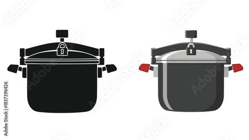 Illustrative depiction of two pressure cookers in contrasting color schemes