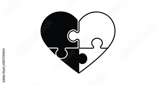 Two puzzle pieces forming a heart shape black and white silhouette