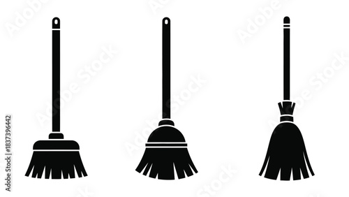 Three black silhouette broom icons arranged in a simple minimalist style
