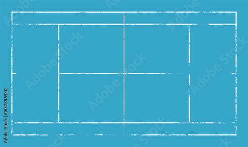 Tennis court layout illustration with distressed grunge texture and worn line details, suitable for sport graphics, athletic themes, coaching materials and creative design projects.