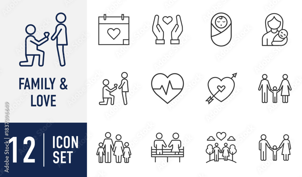 Fototapeta premium Family and Love line vector icons set. family, love, marriage, engagement, newborn, motherhood, parents, children, and romance concepts. Vector