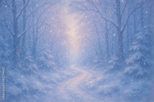 Peaceful snowy forest path in soft blue light, magical winter landscape with falling snow and dreamy atmosphere.