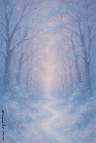 Peaceful snowy forest path in soft blue light, magical winter landscape with falling snow and dreamy atmosphere.