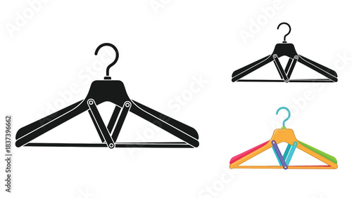 A collection of black and colorful clothing hangers on a white background