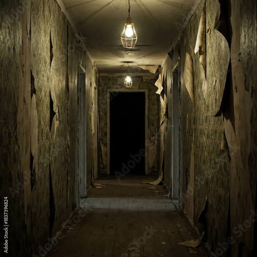 Wallpaper Mural decayed hallway with peeling wallpaper and dim lamps Torontodigital.ca