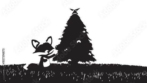 Silhouette of a small animal beside a pine tree in tall grass at twilight.