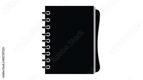 A black spiral notebook with a dark cover and a single visible tab