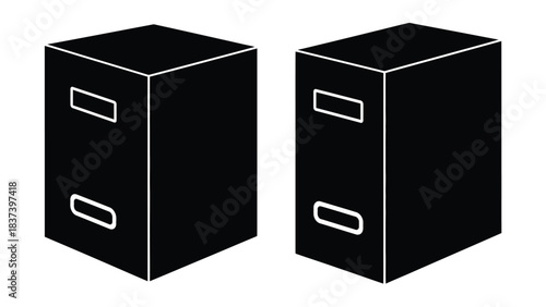 Two black filing cabinets with white outlines and rectangular openings displayed