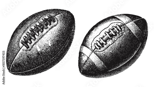 Detailed american football ball vector illustration with vintage textured style, classic sports design element, hand drawn athletic icon for branding, logo, poster, team graphics, and sport artwork