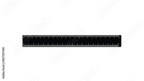 A black ruler with precise markings displayed against a stark white background