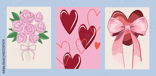Three Valentine's Day-themed illustrations: a bouquet of pink roses, a pink heart with red hearts, and a large pink bow. Perfect for romantic greetings and decorations.