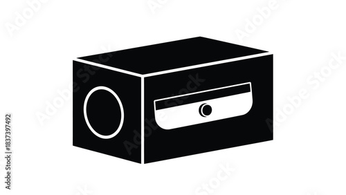 Simple black and white illustration of a box with a circular and rectangular cutout