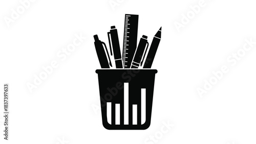 A black and white illustration of writing tools in a container