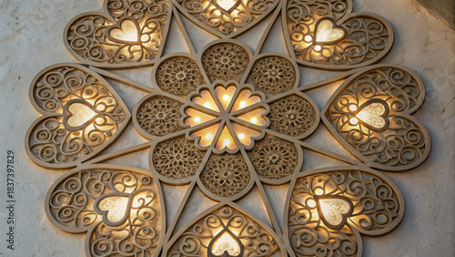 Sacred geometry valentines pattern.Ornamental geometric hearts arranged in radial pattern with glowing lights create warm ambiance
