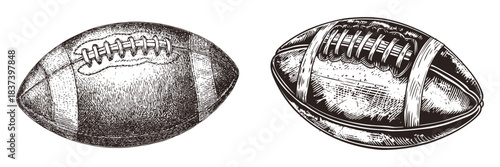 Detailed american football ball vector illustration with vintage textured style, classic sports design element, hand drawn athletic icon for branding, logo, poster, team graphics, and sport artwork