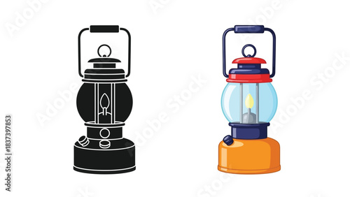 A comparison of a black and a colorful vintage kerosene lantern illustration