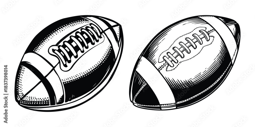 Obraz premium Vintage American football ball vector illustration hand drawn engraving style sports equipment graphic for logos, emblems, posters, badges, print, and design projects