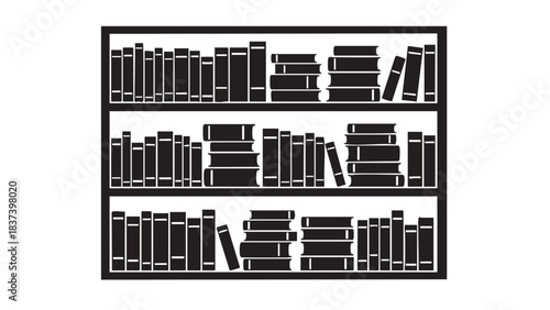 A minimalist illustration of a bookshelf with multiple rows of books from a straight-on viewpoint