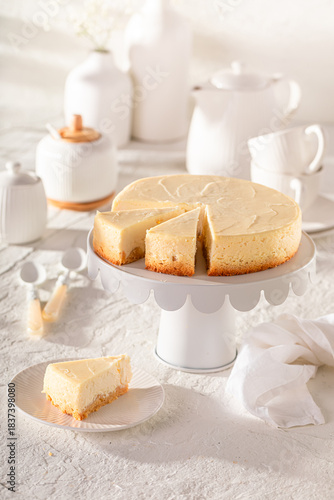 Homemade New york cheesecake as traditional cake with cheese.